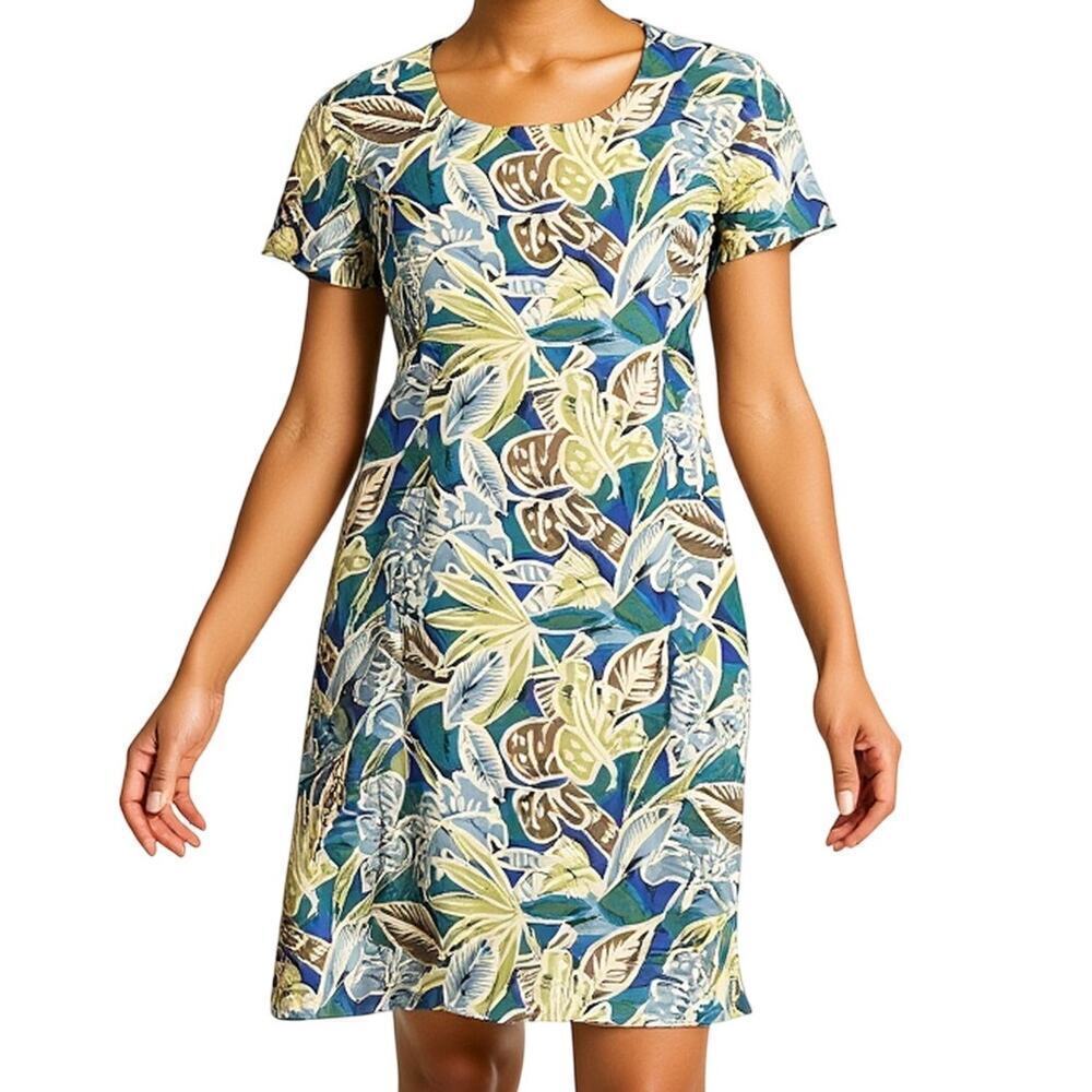 Maggy London Vintage Silk Tropical Leaf Print Short Sleeve Sheath Dress Size 10